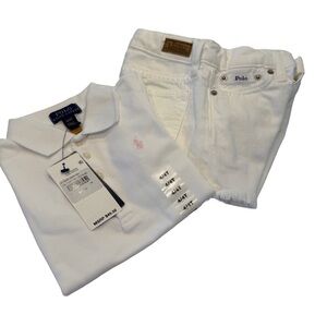 Polo Ralph Lauren Girls 2 Pcs Set White Polo Shirt & White Jean Shorts NWT Sz 4